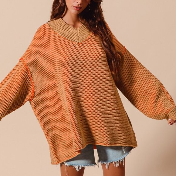 SO ME Oversized Two Tone Textured V Neck Sweater - Picture 3 of 4